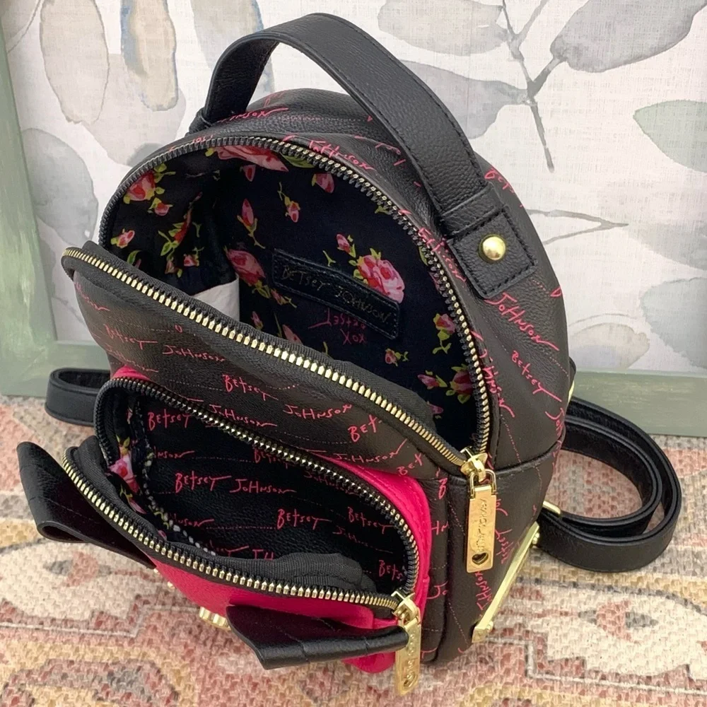 #64 Betsey Johnson Kitsch Puppy Black Pink Mini Backpack Tote Handbag Purse Bag